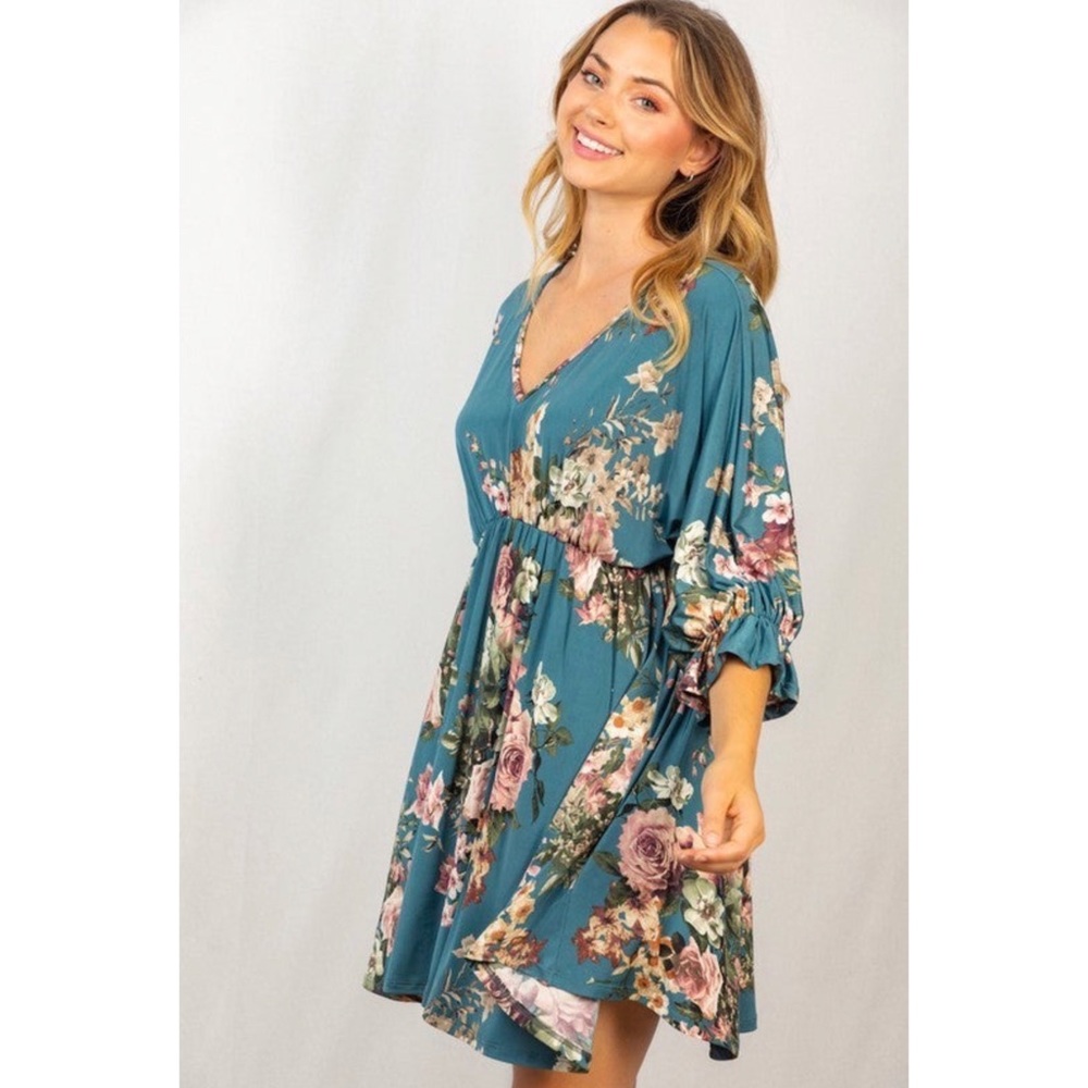 1 LEFT! V Neck Floral Jade Women’s Spring Fall Dress - Picture 3 of 4
